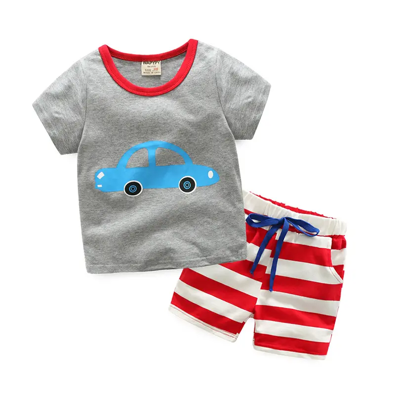 Set di abbigliamento per bambini di nuovo stile all'ingrosso di alta qualità T-Shirt per auto e pantaloni a righe in cotone indiano