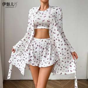 Pyjama trois pièces en tricot imprimé, style européen et américain, cardigan à manches longues et short, pour femme, ample et confortable - Product Image 1