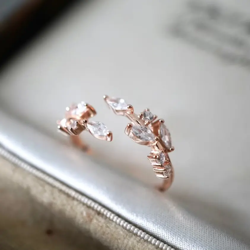 עדין זית עלים טבעת רוז זהב ציפוי 925 כסף זעיר CZ עלים מתכוונן טבעת לנשים