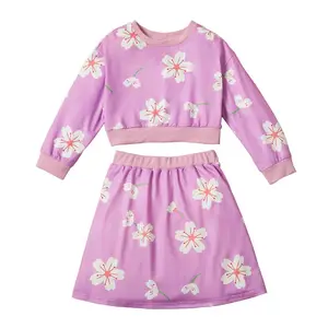 设计师青少年服装女孩紫色碎花上衣长袖衬衫迷你裙套装3岁女婴服装
