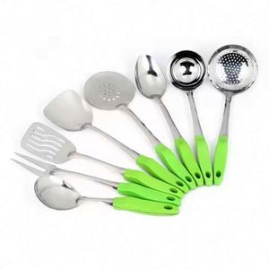 Ensemble d'ustensiles de cuisine en acier inoxydable avec poignée verte antidérapante, accessoires métalliques durables avec trous - Product Image 1