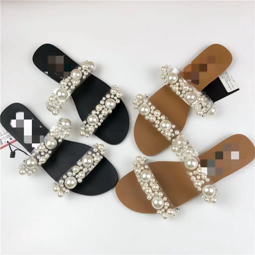 2022 Summer hot sale fashion flat pearl inlaid casual slippers women shoes outdoor chic beach wear plus size slides&slippers