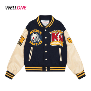 École Collège Personnalisé Broderie Écusson Cuir Manches Laine Bleu Marine <span class=keywords><strong>Varisity</strong></span> Baseball Bomber Letterman Veste - Product Image 1