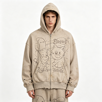 Sweat à capuche zippé délavé et vieilli kaki clair, avec motif créature de dessin animé craquelé Kornit DTG, coupe oversize, style streetwear