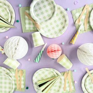 Green Gingham Check Tableware Set 2024 New Style 14 Kinds Of Decoration Party Supplies Collect Festival Celebration PartyMaker