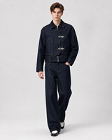 MENGTU Veste en jean selvedge vintage tissée sur mesure pour homme, automne, épaisse, avec boutons de pompier, fermeture éclair et crochet de pont