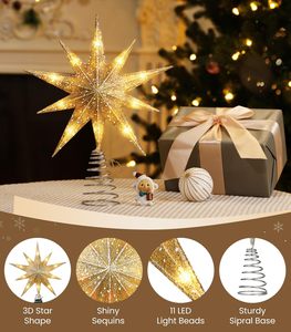Vintage moderne LED-sterboomtopper met USB-aansluiting, afstandsbediening en kerstverlichting ornament in champagne-goud voor decoratie - Product Image 4