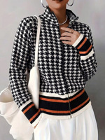 2026 Vintage Europäische Damen-Strickjacke mit Hahnentrittmuster, Stehkragen und Reißverschluss, Farbblock-Gestreifter Kurzer Freizeitpullover