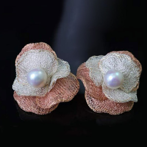 Handmade Lace Floral Pearl Dangle <b>Earrings</b>, USA Imported 14K Gold Filled Italian Lace Craft Natural Edison Freshwater pearl - Product Image 3