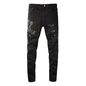 Jeans <span class=keywords><strong>Uomo</strong></span> Slim Fit Effetto Vissuto con Ricamo Serpente Nero <span class=keywords><strong>Elasticizzati</strong></span> Strappati Impilati <span class=keywords><strong>Pantaloni</strong></span> Invernali in Denim Stile Vintage Hip Hop - Product Image 5