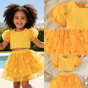 Ensemble de vêtements d'été pour filles de <span class=keywords><strong>4</strong></span> à 7 <span class=keywords><strong>ans</strong></span>, <span class=keywords><strong>veste</strong></span> à manches bouffantes en coton doux jaune, jupe en maille florale, deux pièces - Product Image 2