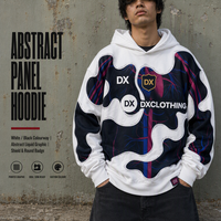 Sweat à capuche personnalisé blanc et noir 360 g/m² avec imprimé graphique abstrait, détails de lignes de dessin et bordure côtelée blanche – Streetwear OEM ODM