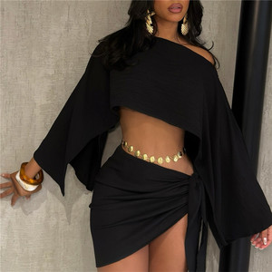 Elegante conjunto de dos piezas para mujer, top corto holgado de un solo hombro con manga acampanada y falda, ideal para el verano. - Product Image 4