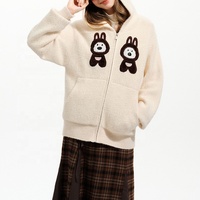 Veste en cachemire pour femme avec capuche oreilles d'ours mignonnes, en tricot moelleux et pelucheux, broderie de lapin de dessin animé, fermeture éclair, vêtement d'extérieur décontracté d'hiver