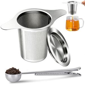 Infuseur à thé en maille d'acier inoxydable avec couvercle, cuillère doseuse et pince pour thé en vrac, idéal pour la maison et le bureau, ensemble café et thé - Product Image 2
