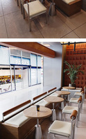 Ensemble de sièges de café commercial sur mesure en bois massif avec table ronde et banquette pour salon de thé ou restaurant