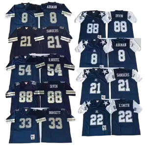Camiseta Retro Unisex de Fútbol Americano Azul Marino, con los Números 33 Tony Dorsett, 22 E.Smith, 21 Deion Sanders, 88 Michael Irvin, 8 Troy Aikman, para Verano, 100% Original - Product Image 1