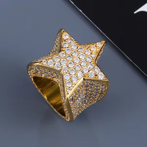 Trend Brass Diamond Bling Gold PlatedIced Out Five Point Star Ring Hip Hop For Men Fashion Jewelry Rings