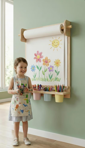 Tableau de dessin mural en bois Montessori pour enfants, gain de place, avec étagère de rangement et distributeur de rouleaux de papier - Product Image 6