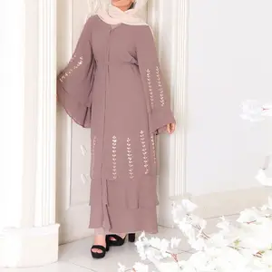 Custom Latest Abaya Desigans 2023 Robe Modest Long Dresses Jilbab 2 Pieces Set Open Beaded Layered Abaya Luxurious Muslim Dress