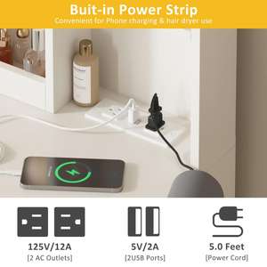 Meja rias PHOENIX, meja rias kayu Modern dengan cermin dan laci berlampu untuk furnitur kamar tidur - Product Image 4