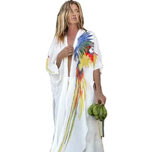 Open Abaya Kimono Printed Beach Dress Cover Up White Long Boho Blouses