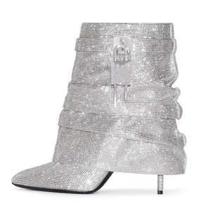 Botines cortos de tacón alto y fino para mujer con diamantes, botines de tobillo con cierre de tiburón para niña, zapatos con parte superior plisada superpuesta - Product Image 1