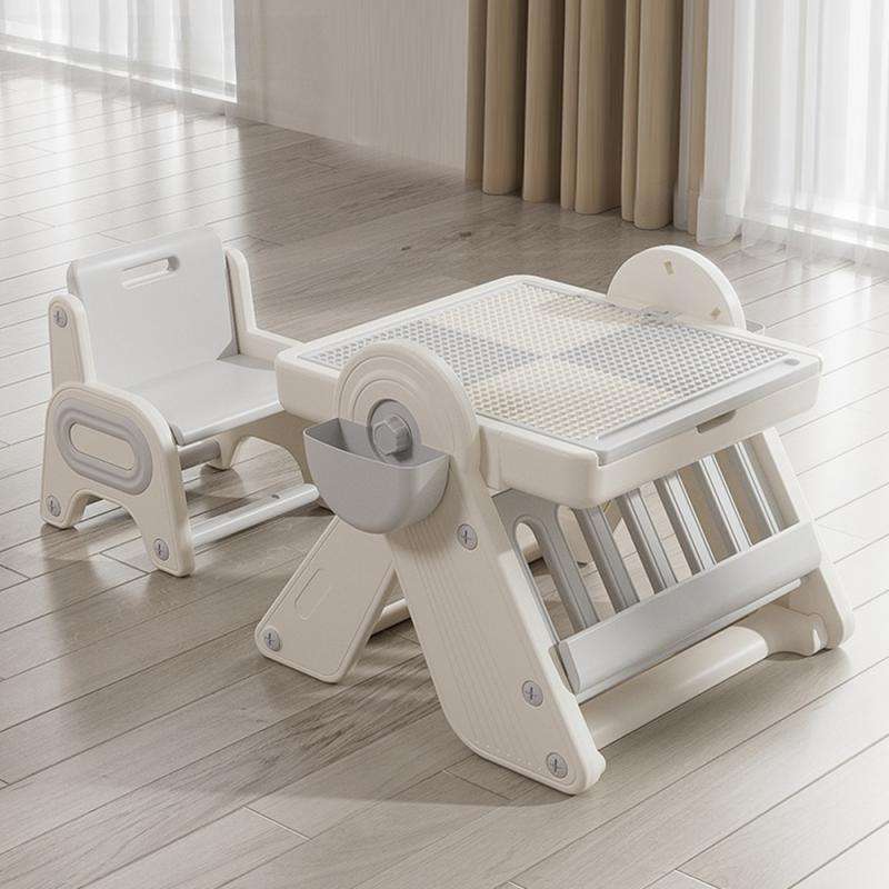 Greyish-white tables and chairs