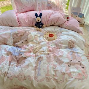 Ropa de <span class=keywords><strong>cama</strong></span> para niños Linda caricatura impresa Rosa edredón funda de edredón de encaje sábanas de algodón juego de <span class=keywords><strong>cama</strong></span> de cuatro piezas en Stock - Product Image 3