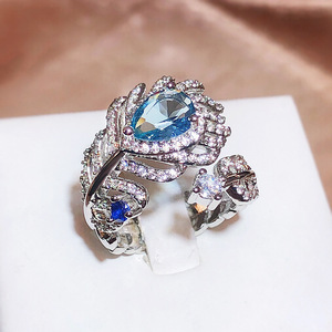 Nuevo Anillo de Pluma con Circonita Cúbica Azul, Anillo Abierto Ajustable para Mujer, Antideslustre, Joyería de Moda para Damas, Venta al por Mayor - Product Image 1