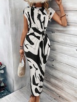 Robe midi rayée à col rond et nœud latéral - Tenue décontractée pour les vacances d'été - Robe vintage à imprimé léopard