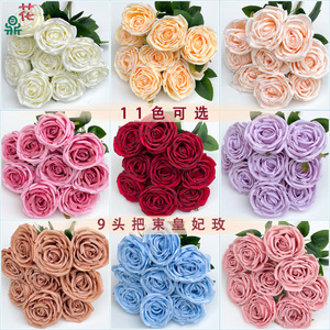 Bouquet de roses royales 9 têtes en soie, fleurs artificielles faites à la main pour décoration de mariage - Product Image 5