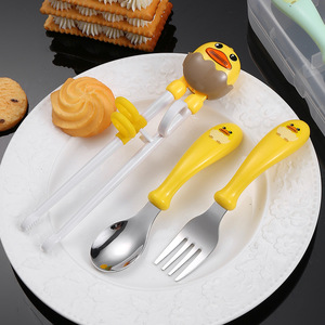 Ensemble de vaisselle pour enfants, fourchette, cuillère, baguettes en acier inoxydable 304, ustensiles d'apprentissage pour enfants de 1 à 2 ans, Design frais et mignon - Product Image 5