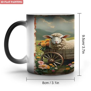 Frosted Black 11oz <b>Ceramic</b> <b>Mug</b> Heat Activated Coffee Cup With Sheep Cart Art Design - Product Image 1