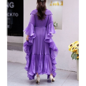 Rộng cộng với kích thước Xếp Li Ruffle cạnh ve áo Xếp Li Dài váy trumpet tay áo rộng thông gỗ Tai Tie Ăn mặc - Product Image 3