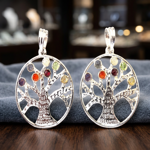 Natural <b>Crystal</b> Seven Chakra <b>Tree</b> Antique Silver Plated Round Handmade Christmas Tibetan Buddhist Healing Pendant Unisex - Product Image 1