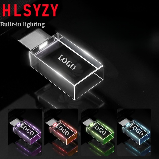 Wholesale Customizable Hot-selling Glowing Crystal USB Flash Drive Multi-color Glowing LOGO Printable Bulk Gift USB Disk