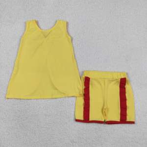 ชุดเด็กผู้หญิง GSSO3466 rts Little Active Girl สีเหลืองพิมพ์ลายสีแดงพร้อมโบว์ ชุดขายส่งสำหรับเด็ก ชุดเด็กผู้หญิงแขนกุด - Product Image 1