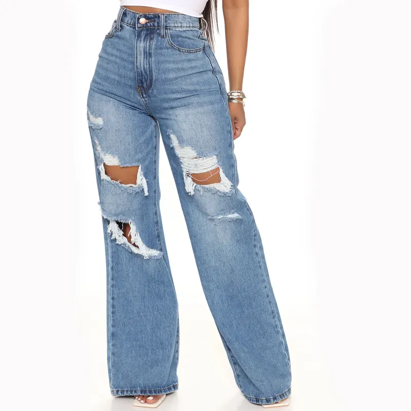 Custom ripped straight leg jeans women high waist cotton baggy wide leg boyfriend jeans