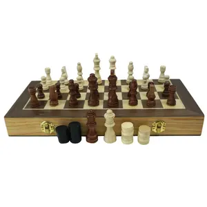Gran oferta de fábrica, juego de ajedrez de madera de 15 pulgadas, 2 en 1 con 2 tableros de ajedrez plegables de madera extra Queen para adultos y niños