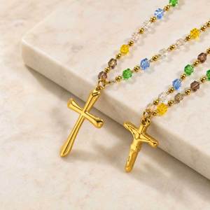 변색 방지 스테인리스 스틸 18K 금도금 화려한 천연석 비즈 십자가 펜던트 목걸이 여성용 Q360 - Product Image 3