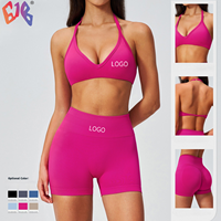 Set Yoga Halter Neck Seamless Wanita, Tanpa Punggung, Angkat Bokong, Kontrol Perut, Set Pakaian Olahraga Pilates