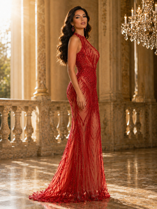 Abito a colonna elegante senza maniche con <span class=keywords><strong>tulle</strong></span> <span class=keywords><strong>trasparente</strong></span> e decorazioni verticali di perline. - Product Image 2
