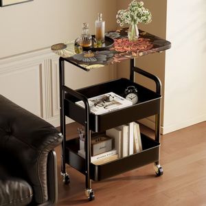 Carrito Rodante Utilitario Moderno de 3 Niveles y 4 Ruedas con Tabla de Madera y Cajón, Carrito de Almacenamiento Metálico para Cocina, <span class=keywords><strong>Baño</strong></span> y Sala de Estar - Product Image 4