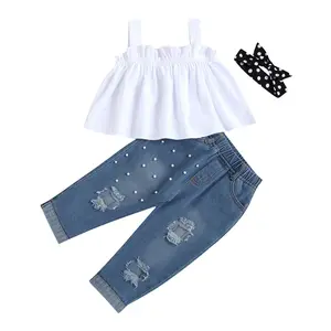 WEN Bộ Đồ Denim Mùa Hè Cho Trẻ Em Áo Yếm Ren Trắng Cho Bé Gái Quần Denim Rách Có Dây Buộc Tóc