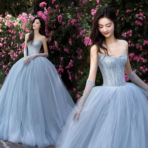 <b>Blue</b> Evening Gown Sweetheart Neckline Empire Waist <b>Glitter</b> Tulle Dress For Coming Of Age Ceremony - Product Image 1