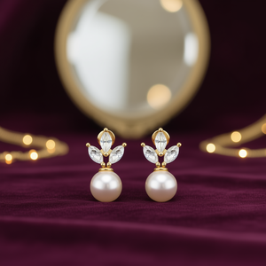 Orecchini a perno placcati oro con perle e cristalli taglio marquise, design floreale, per donna, gioielli alla moda da matrimonio - Product Image 2