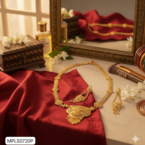 18K <b>Gold</b> Plated Brass Trendy Lock Design South Indian Temple Long Haram Necklace Earrings Bridal Wedding Engagement Anniversary - Product Image 3