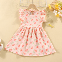 Robe en Coton Vente en Gros Usine, Robe d'Été Imprimée Unie avec Manches Fleuries, Robe Florale Sans Manches pour Filles
