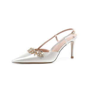 Sandales élégantes à talons hauts et strass, style français, à bout fermé, pour femmes, en satin blanc, chaussures de mariage, chaussures de demoiselle d'honneur - Product Image 5